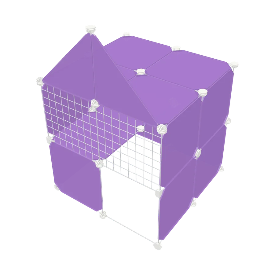 A two-storey gabled bunny hutch made of panels